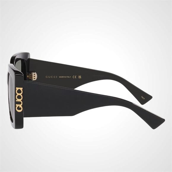 New GUCCI Sunglasses Black Gold Logo Square Oversized 51mm Grey Lens Womens